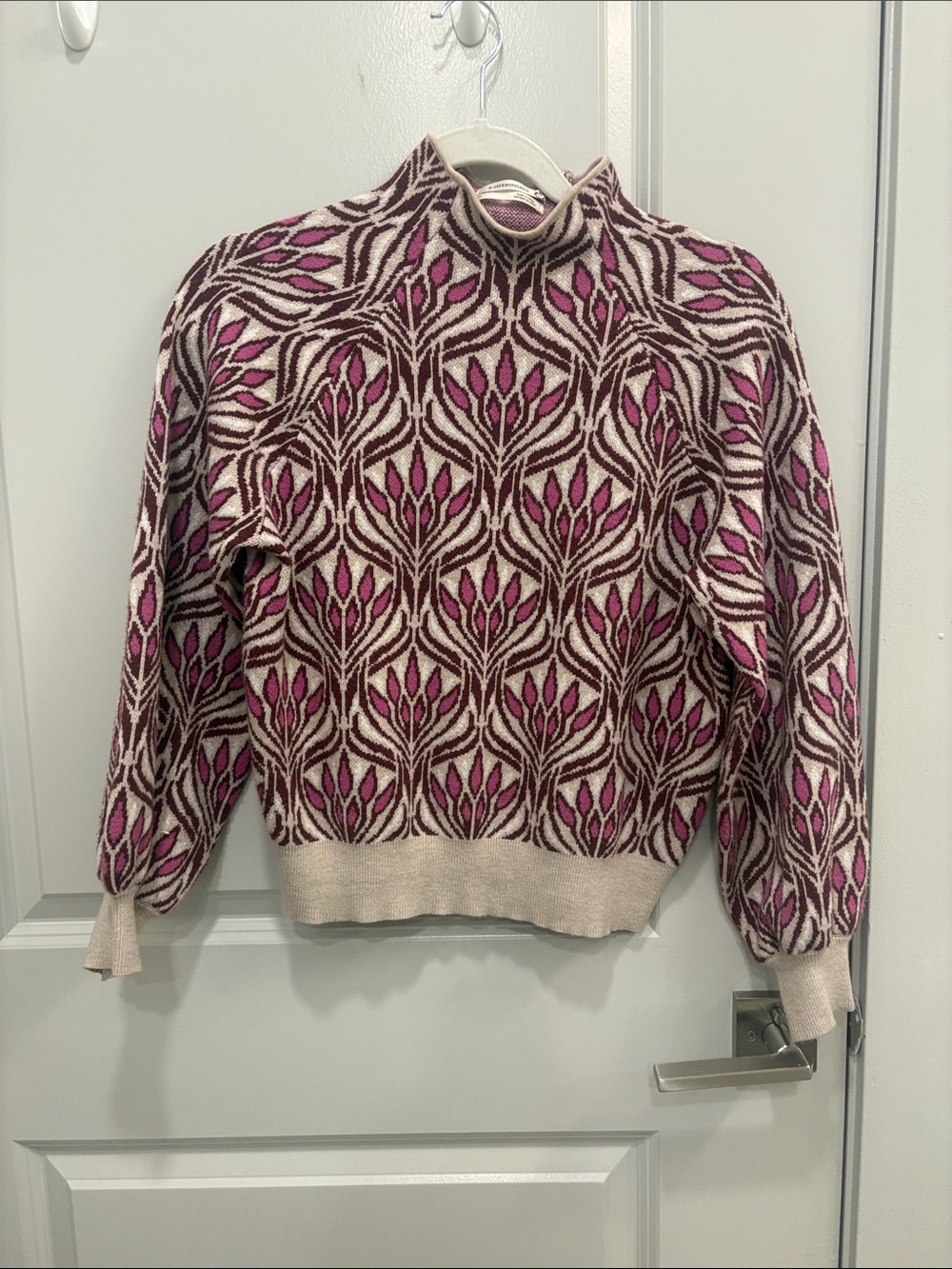 Anthropologie Pink and Cream Floral Jacquard Turtleneck Sweater